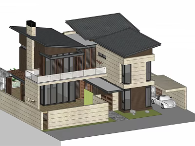 Modern Detached Villa With Black Roof Large Windows Stone Exterior Balcony And White Car 3d model