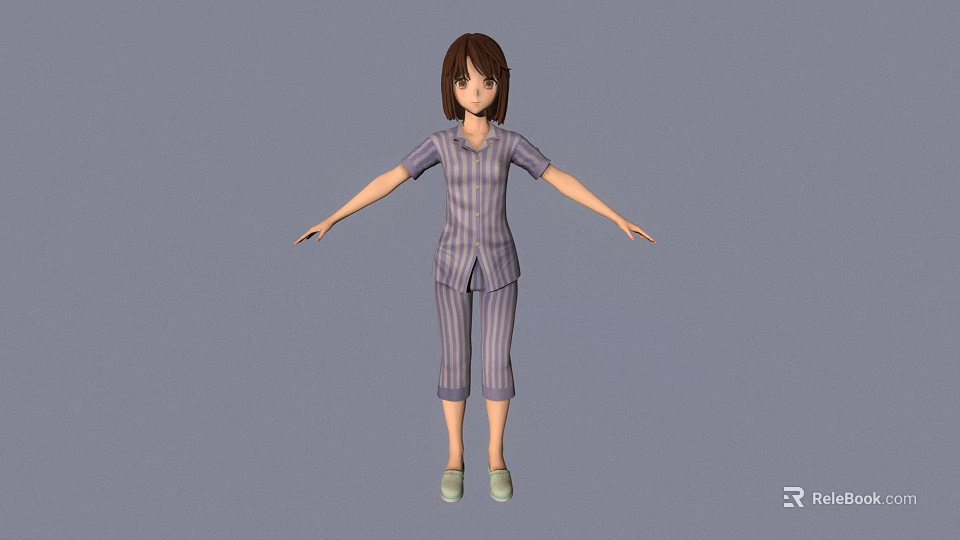 3D Female Character In Striped Pajamas With Short Hair And Arms Outstretched On Gray Background 3d model 