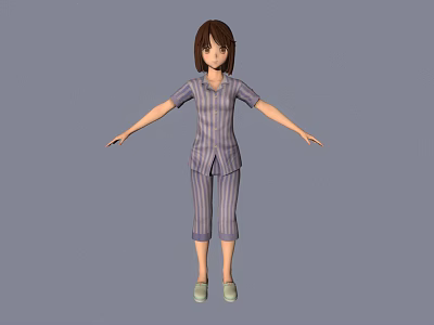 3D Female Character In Striped Pajamas With Short Hair And Arms Outstretched On Gray Background 3d model