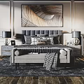 Elegant Double Bed Interior Design With Wall Art Bedside Tables Lamps And Bench 3d model