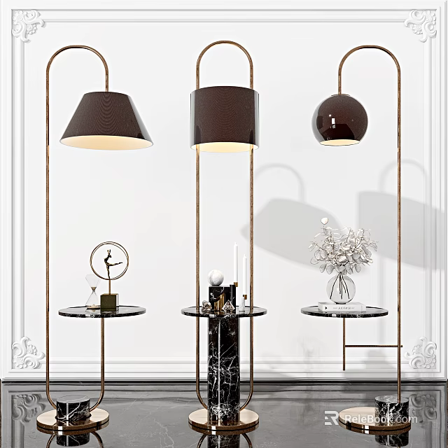 Modern Floor Lamps With Side Tables And Various Decor Pieces 3d model 