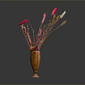 Artistic Hand Carved Wooden Vase With Colorful Dried Flowers On Dark Background