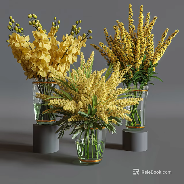 Transparent Vases With Yellow Flowers Arranged On Gray Cylindrical Bases 3d model 