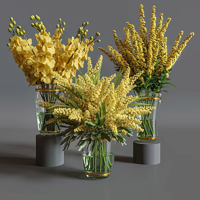 Transparent Vases With Yellow Flowers Arranged On Gray Cylindrical Bases 3d model