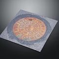 Square Metal Manhole Cover Featuring Intricate Circular Pattern And Traditional Symbols