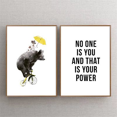 Animal Painting Decorative Wall Art Featuring Bear Riding Bicycle And Dog Holding Yellow Umbrella 3d model