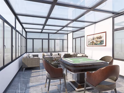 Villa Balcony Enclosed Sunroom with Glass Roof Windows Sofa and Mahjong Table 3d model