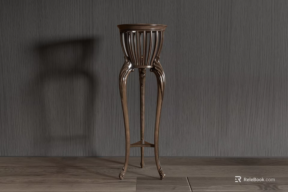 Classical Wooden Flower Stand With Carved Details Against Grey Wall And Wooden Floor 3d model 
