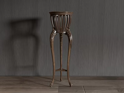 Classical Wooden Flower Stand With Carved Details Against Grey Wall And Wooden Floor 3d model