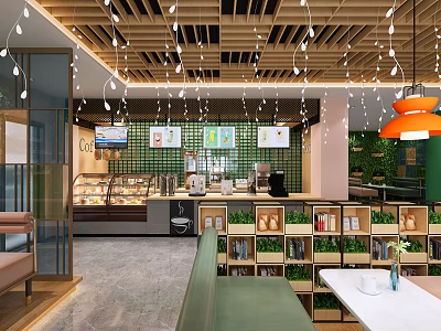 Elegant Modern Cafe Interior With Open Layout Wooden Ceiling Green Plants And Pendant Lights 3d model
