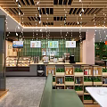 Elegant Modern Cafe Interior With Open Layout Wooden Ceiling Green Plants And Pendant Lights