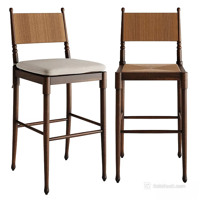 Classic Bar Stools With Wooden Frame Woven Backrest And Light Upholstered Seat 3d model 