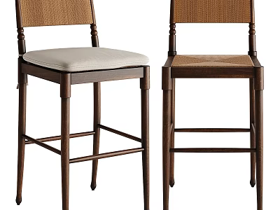 Classic Bar Stools With Wooden Frame Woven Backrest And Light Upholstered Seat 3d model