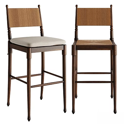 Classic Bar Stools With Wooden Frame Woven Backrest And Light Upholstered Seat 3d model
