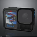 Black Action Camera With Display Screen Showing Skiing Video And Protective Case