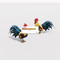 Two Colorful Roosters With Red Combs Yellow Bodies And Blue Tails