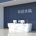 3D Model Reception Desk With Marble Countertop Blue Backdrop Wall And Welcome Sign