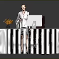 Modern Reception Desk With Ribbed Design And Orange Flower Vase Computer Monitor Black Chair