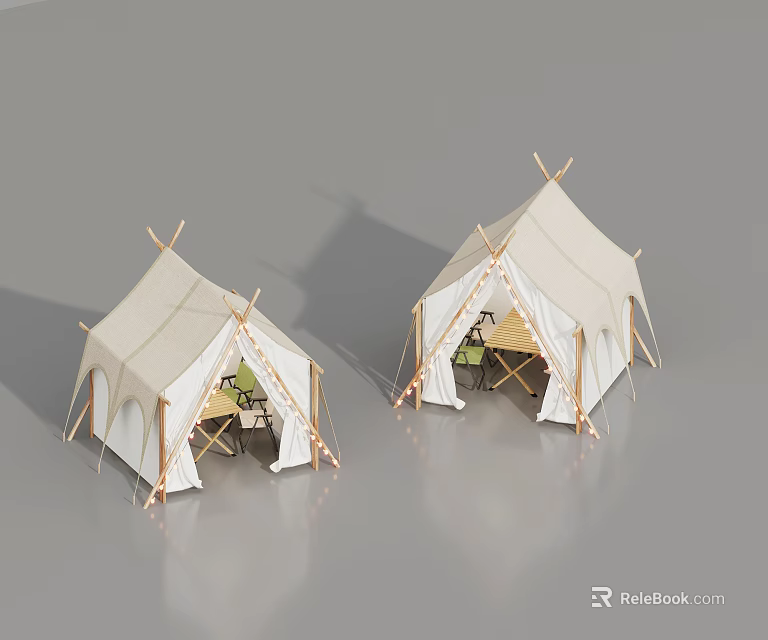 White Canvas Camping Tents With Interior Tables And Chairs For Outdoor Use 3d model 