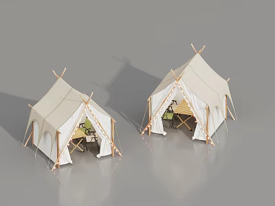 White Canvas Camping Tents With Interior Tables And Chairs For Outdoor Use 3d model