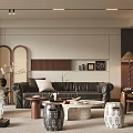 Modern Living Room Interior Design With Leather Sofa Coffee Table Area Rug And Potted Plants