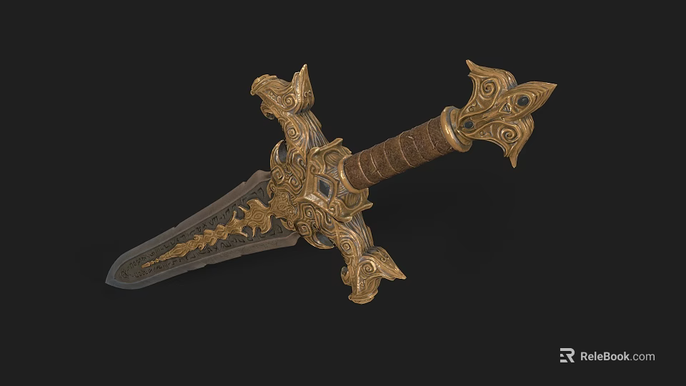 Ornate Decorative Sword Featuring Intricate Carvings Golden Hilt And Detailed Blade Design 3d model 