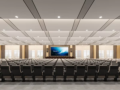 Spacious Modern Conference Room Interior With Rows of Black Seats Large Screen And Ceiling Lights 3d model