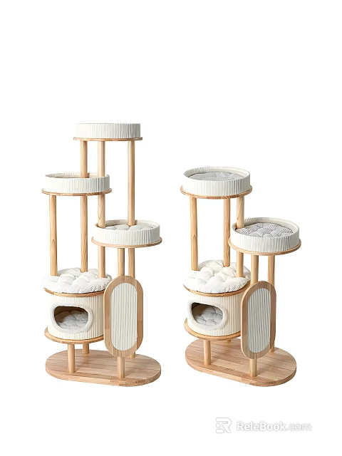 Stylish Wooden Multi Tiered Cat Climbing Shelf With Padded Beds And Cozy Condo 3d model 