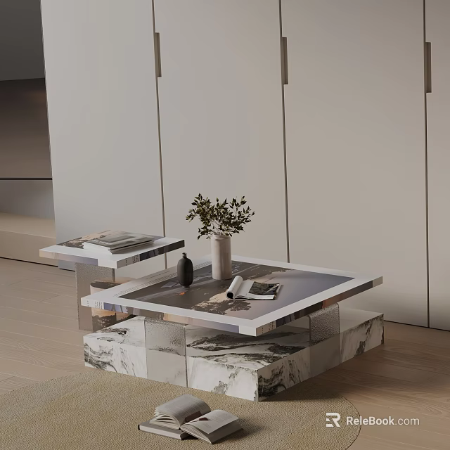 Minimalist Modern Sofa Coffee Table Set With Marble Top And Decorative Vase 3d model 
