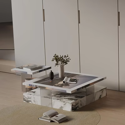 Minimalist Modern Sofa Coffee Table Set With Marble Top And Decorative Vase 3d model