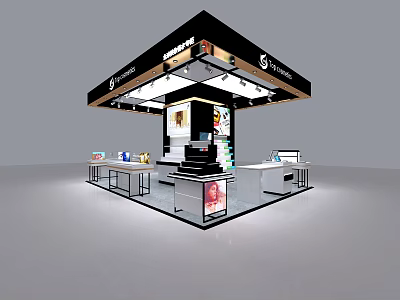 Specialty Store Booth With Modern Display Counters Products And Brand Logos 3d model
