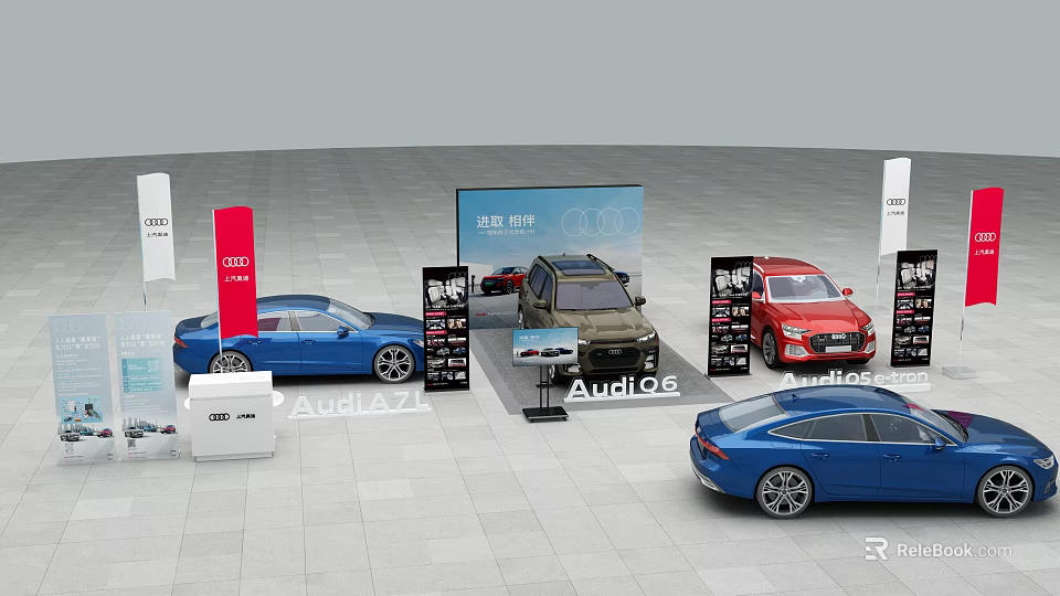 Audi Car Exhibition Stand Featuring Q5L Models And Various Colored Vehicles 3d model