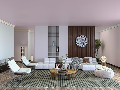 Modern Pastel Pink Themed Living Room With Soft White Sofa And Natural Wooden Coffee Table 3d model