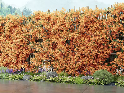 Vine Covered Fence With Orange Flowers Stones And Green Plants In Garden 3d model