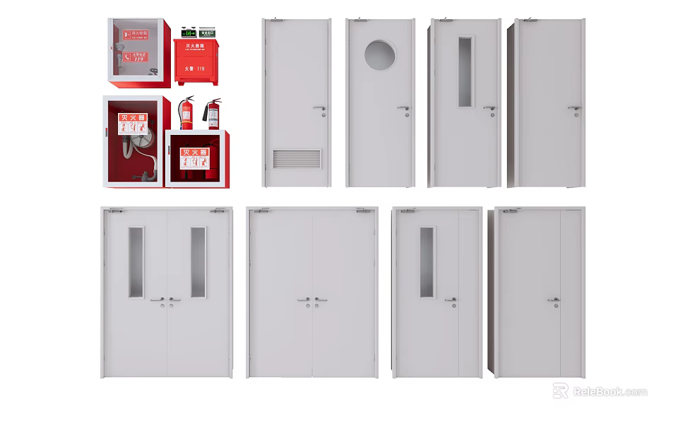Fire Safety Cabinets and White Cabinet Doors with Glass Vents and Circular Holes 3d model 