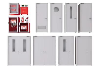 Fire Safety Cabinets and White Cabinet Doors with Glass Vents and Circular Holes 3d model