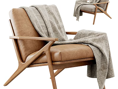Modern Brown Leather Single Sofa With Wooden Frame And Gray Blanket 3d model
