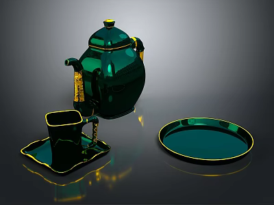 Elegant Green Household Items Including Teapot Teacup Saucer And Tray With Gold Accents 3d model