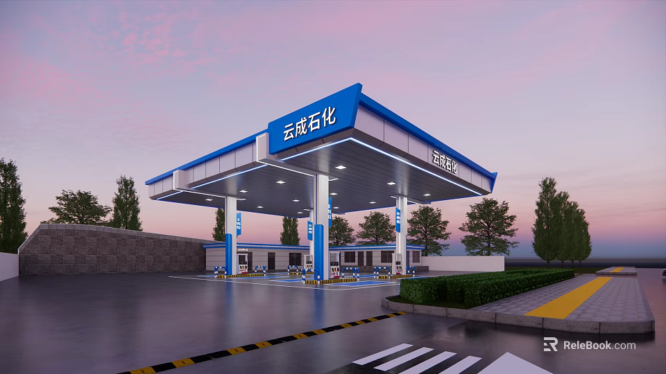 Evening Gas Station Exterior With Blue Canopy Fuel Pumps And Green Trees 3d model 