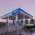 Evening Gas Station Exterior With Blue Canopy Fuel Pumps And Green Trees