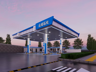 Evening Gas Station Exterior With Blue Canopy Fuel Pumps And Green Trees 3d model