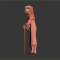Traditional Red Robed Doll Figure With Headscarf Holding Wooden Cane And Red Shoes