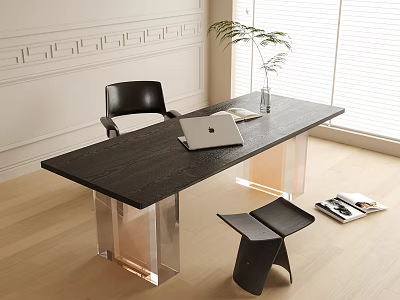 Modern Black Desk With Acrylic Metal Legs Laptop Books And Potted Plant Near Window 3d model