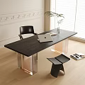 Modern Black Desk With Acrylic Metal Legs Laptop Books And Potted Plant Near Window