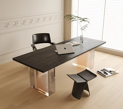 Modern Black Desk With Acrylic Metal Legs Laptop Books And Potted Plant Near Window 3d model