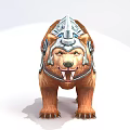 Tech Exhibition Hall Showcasing Armored Brown Bear With Blue Silver Decorations And Powerful Stance