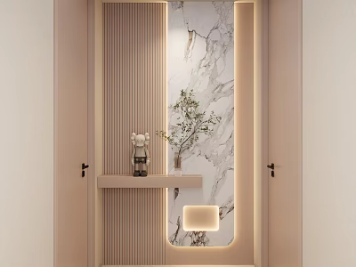 Beige Striped Entryway Hallway With Marble Accent Wall Small Shelf And Decorative Lighting 3d model