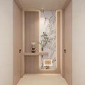 Beige Striped Entryway Hallway With Marble Accent Wall Small Shelf And Decorative Lighting