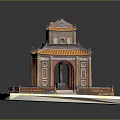 Traditional Chinese Architecture Model Featuring Yellow Tiled Roof And Archway Entrance