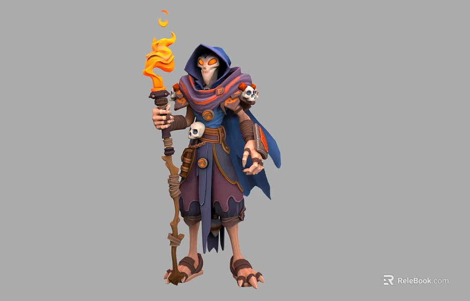 Cloaked Fantasy Mage Character With Flaming Staff And Skull Accessory Design 3d model 